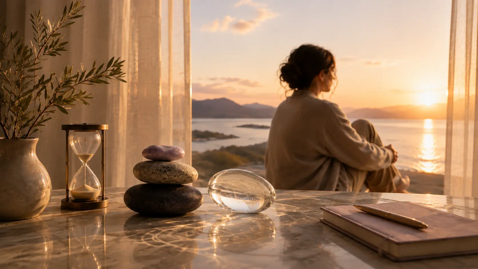Stones and an hourglass in warm coastal light