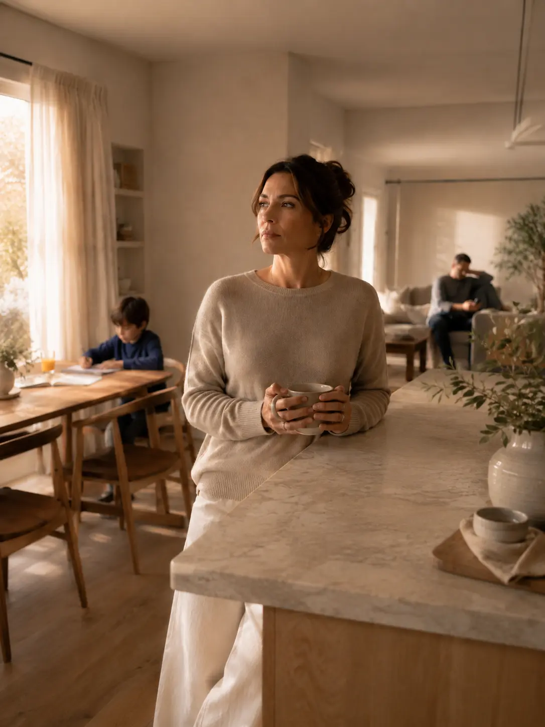 A woman holding a cup while her family moves through the morning behind her
