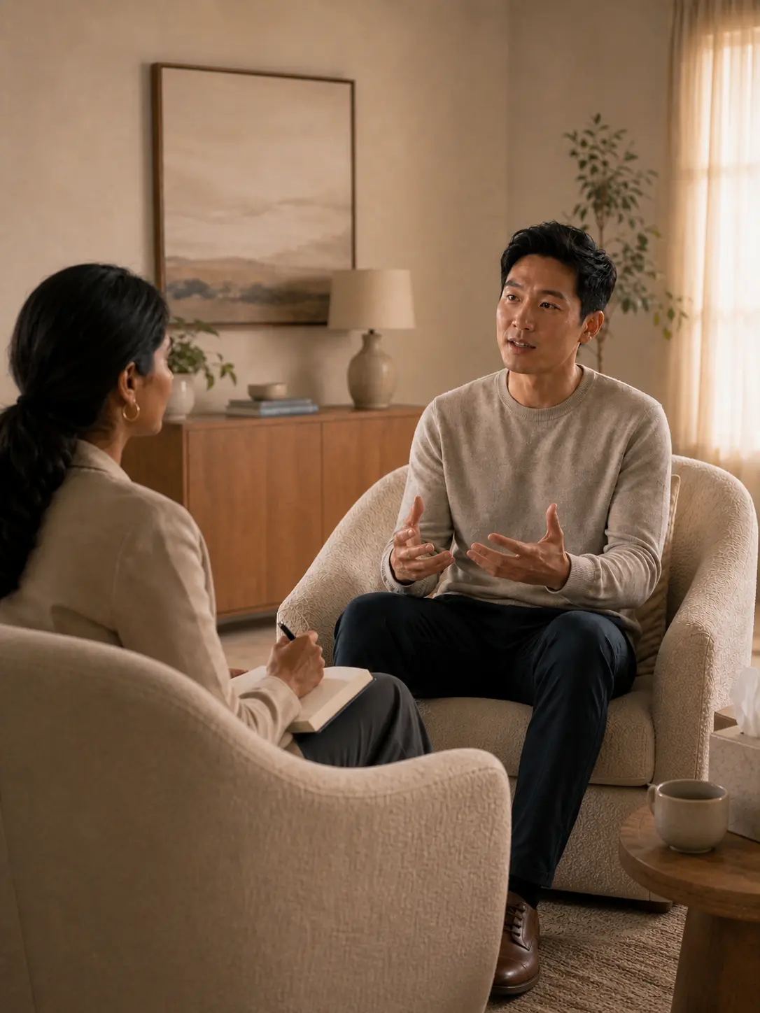 An East Asian man speaking openly with a therapist of Indian descent in a warm, natural room