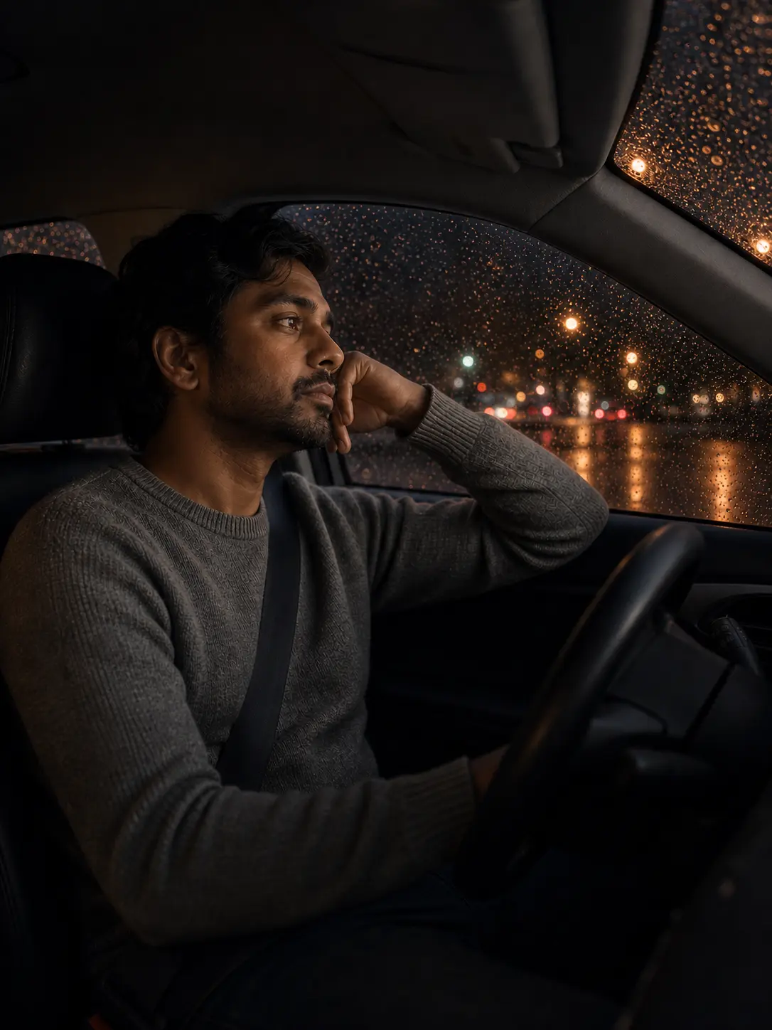 A man of Indian descent sitting thoughtfully in a parked car at night while rain falls on the windows