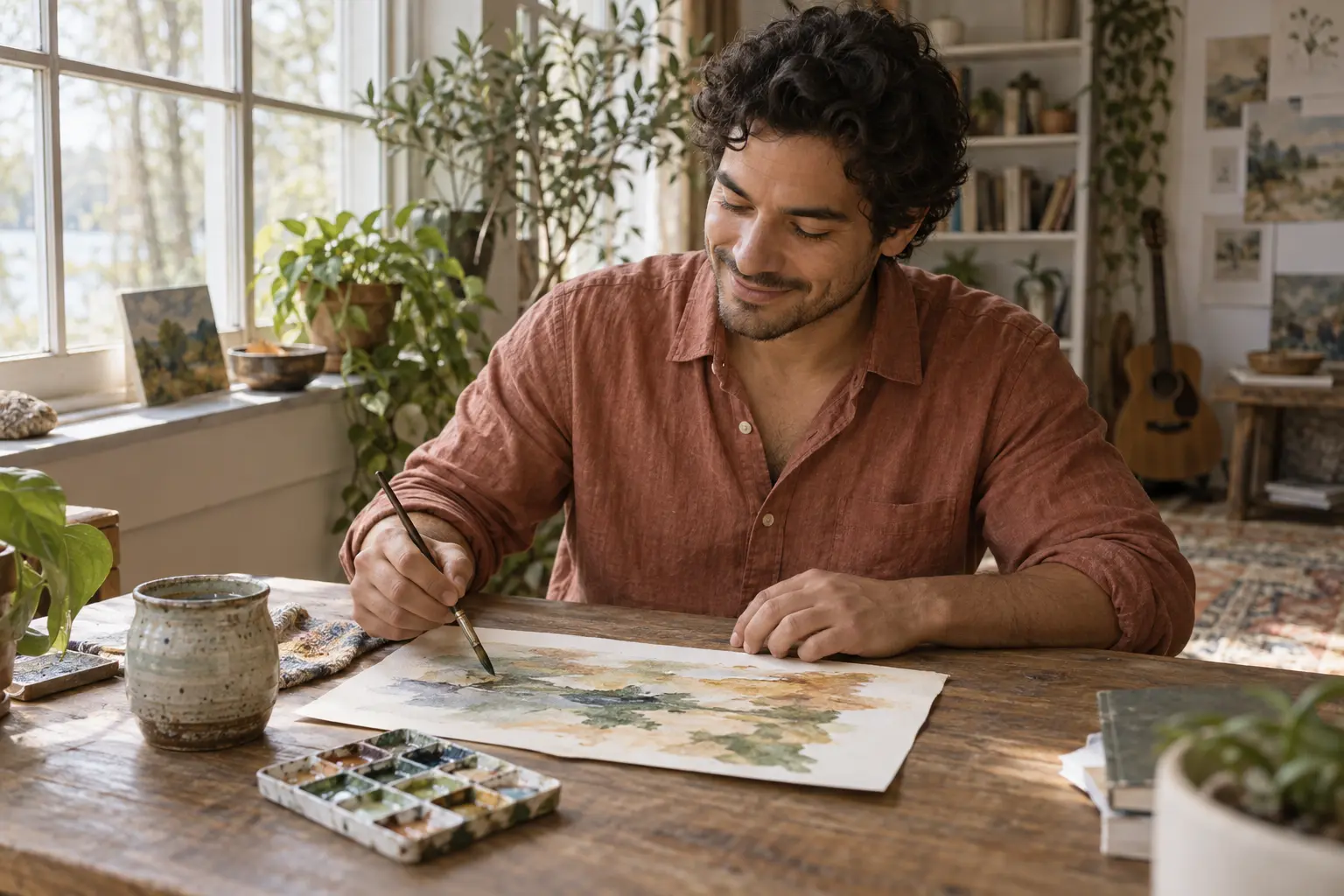 A man smiling as he paints watercolours at a sunlit wooden table