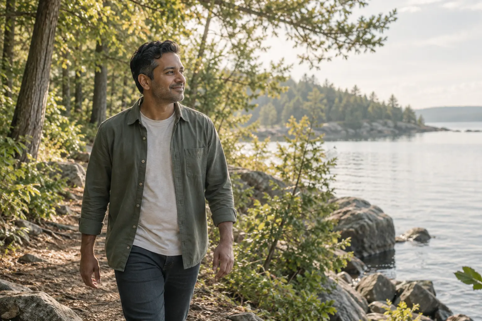 A man enjoying an unhurried walk beside a sunlit lake