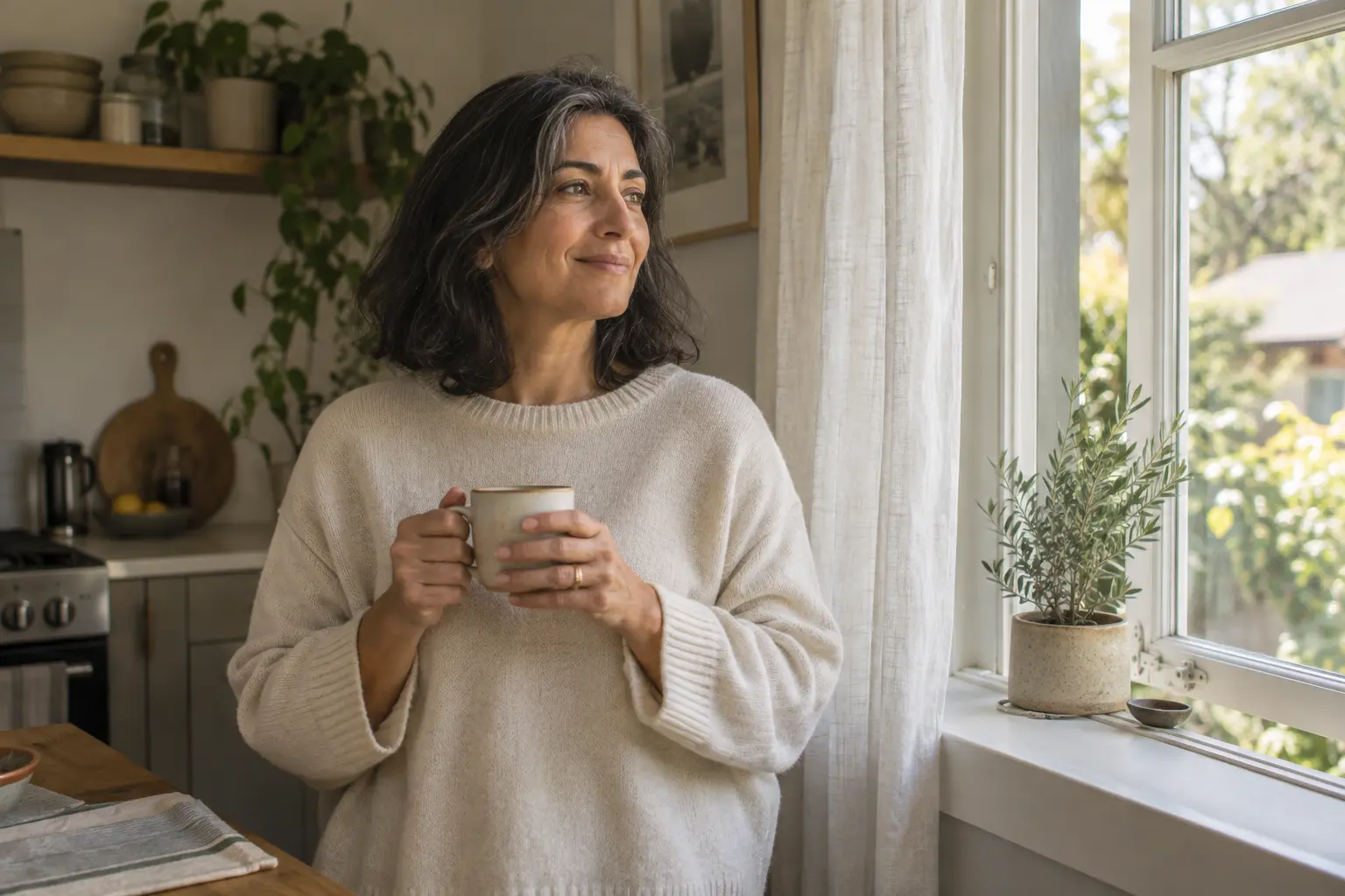 A woman enjoying a quiet cup of tea beside an open kitchen window
